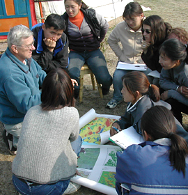 Dr. Clyde Goulden (far left) discusses climate change with Mongolian students. Credit: Dr. Bazartseren Boldgiv